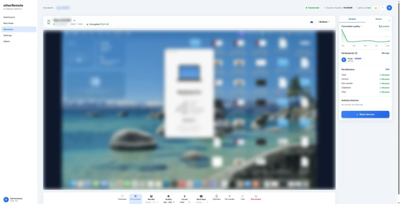 A live session against a macOS host: the remote desktop fills the stage — blurred out here — with connection quality, participants and per-participant permissions in a side panel and a toolbar for monitor, quality, cursor, clipboard, file transfer and chat.